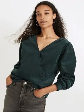 Madewell Kinston Green Corduroy Wrap Blouse with Button Accents